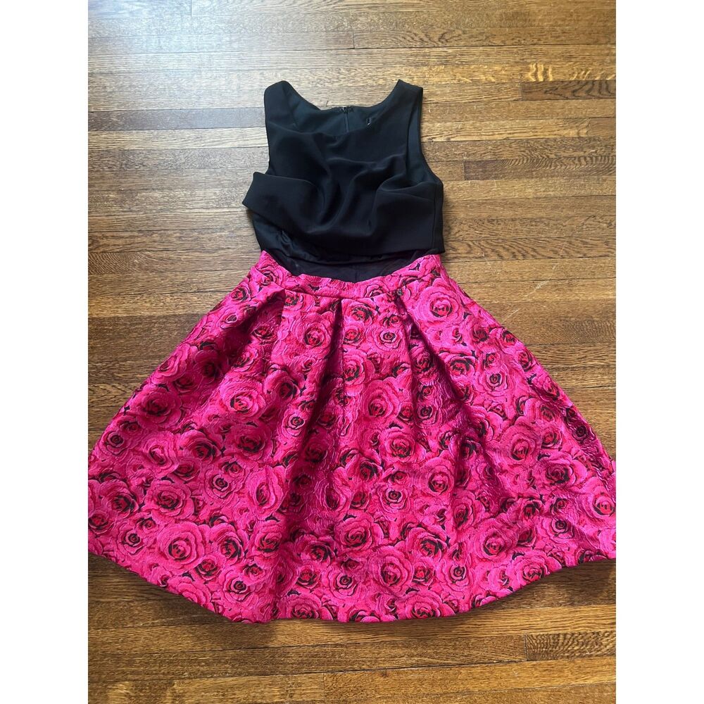 Betsy & Adam Pink and Black Rose Fit and Flare Mini Pocket Sleeveless Dress Sz 4